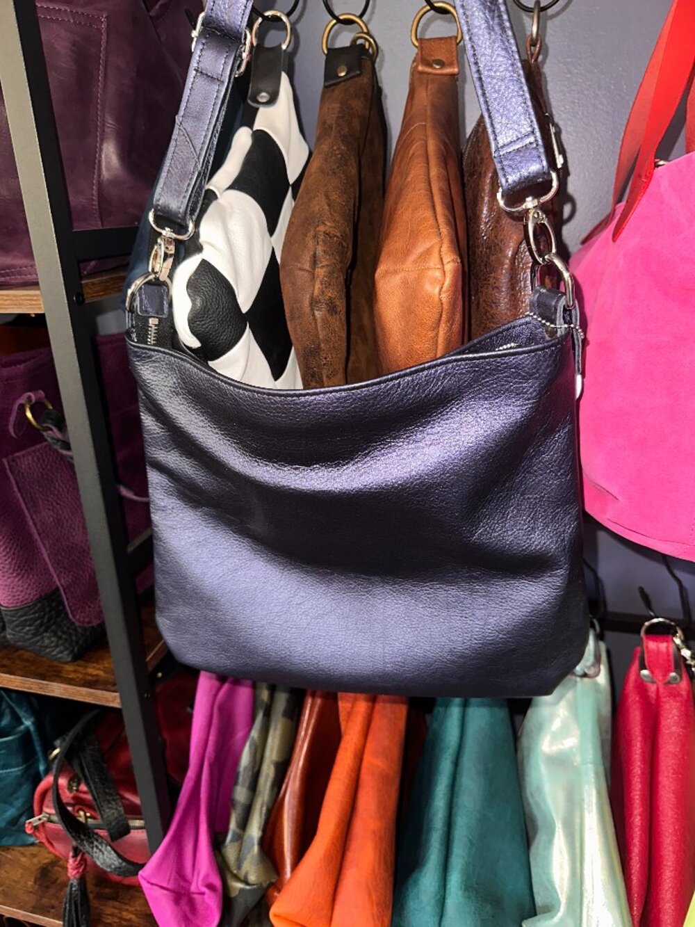 Metallic Navy Blue Leather Shoulder bag,